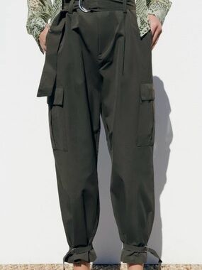 Zara Olive Green Women's Cargo Trousers with Belt NWT